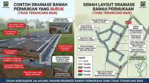 contoh gambar drainase jalan aspal yang buruk atau tidak terancang dengan baik