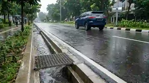 penampakan sistem drainase jalan aspal yang baik dan terintegrasi